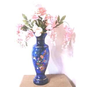 Vintage 16" Tall Cobalt Blue Flowers & Butterflies Vase Silk Flowers Included